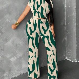 SHEIN Green and Cream Patterned Jumpsuit